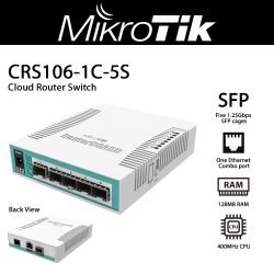 CRS106-1C-5S Mikrotik Smart Switch, 5x SFP cages, 1x Combo port (SFP or Gigabit Ethernet)
