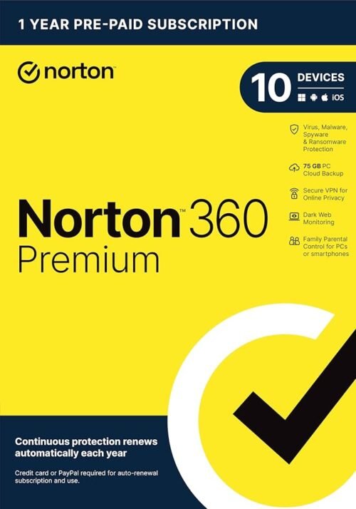 Norton 360 Premium for 10 Devices with Auto-Renewal [Key Card] with Microsoft 365 Family