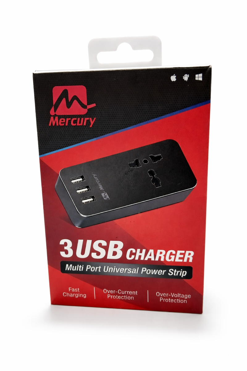 Mercury Multiport Universal Power Strip 5V 4A 3xUSB + 1X Universal Socket Fannel Bag 1.2M Cable