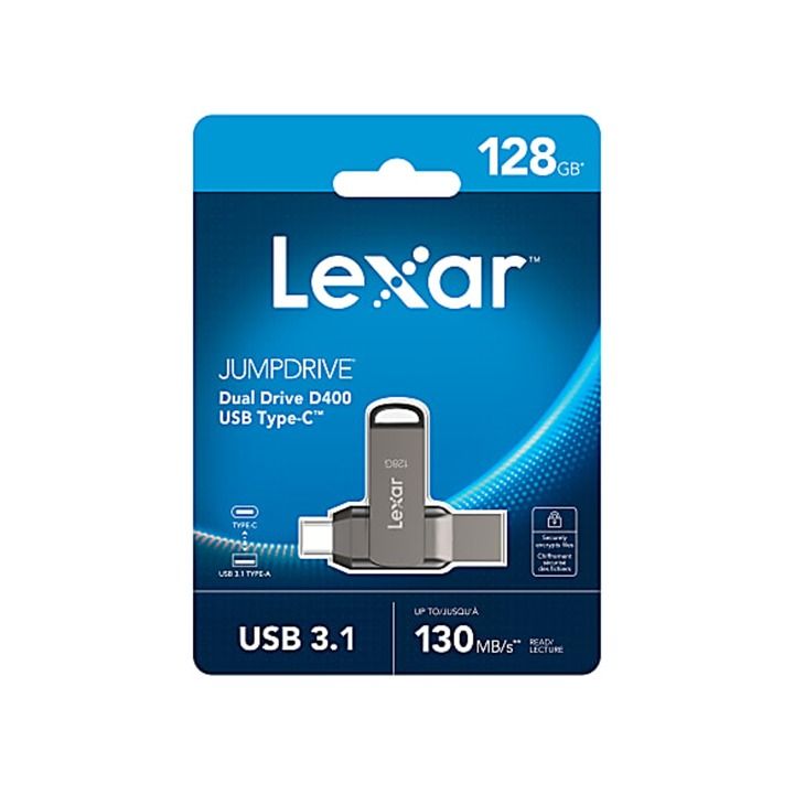 128GB Lexar® Dual Drive D400 Type-C and Type-A USB 3.2 flash drive, up to 130MB/s read (LJDD400128G-BNQNG)