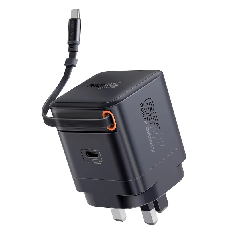 Promate 65W PD GaNFast™ Charging Adapter with Retractable USB-C Cable (Cubix-R65)