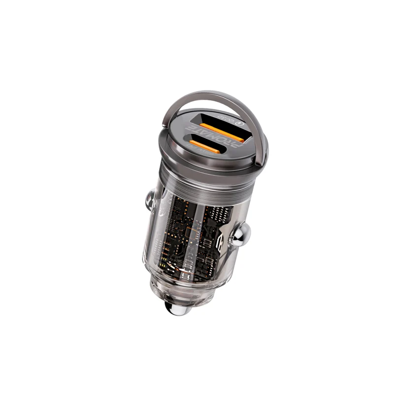 Promate 65W RapidCharge™ Transparent Mini Car Charger with Power Delivery & QC 3.0 (TransDrive-65W)