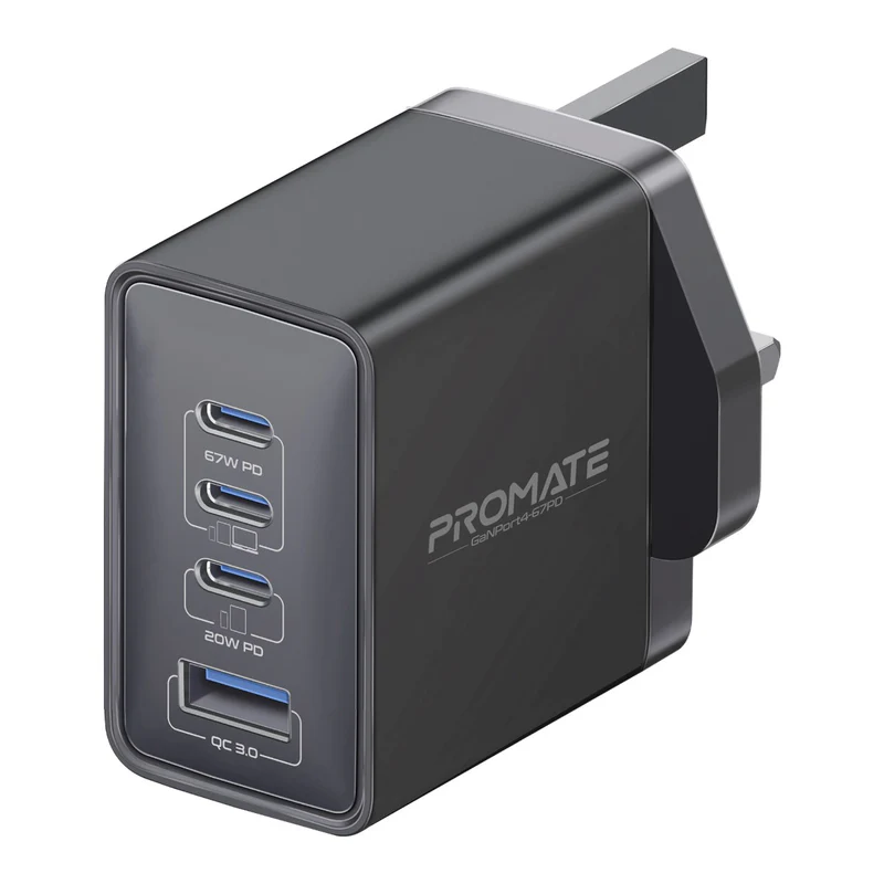 Promate 67W Power Delivery GaNFast™ Charger with Quick Charge 3.0 (GaNPort4-67PD)