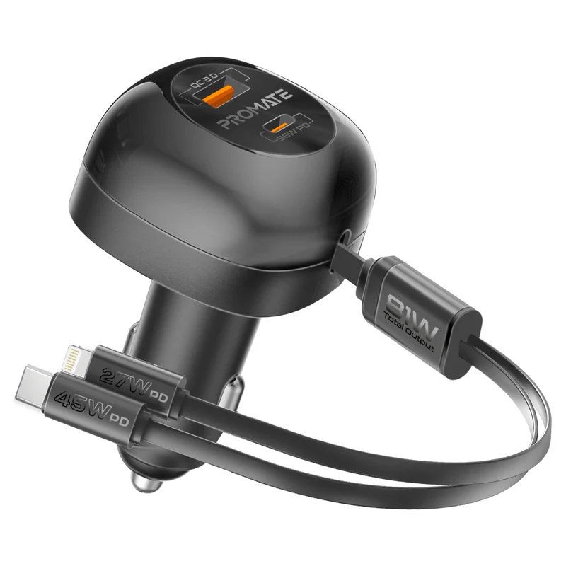 Promate 81W Multi-Port Car Charger with Retractable USB-C & Lightning Cables (PowerDrive-RCi81)