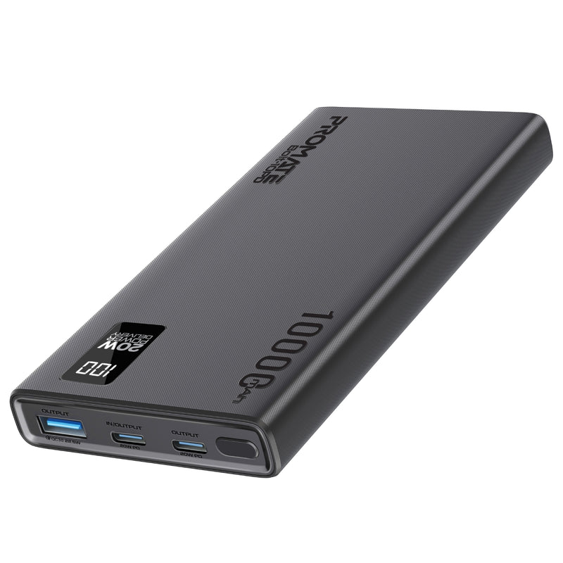 Promate Compact Smart Charging Power Bank with 20W PD Dual USB-C and 22.5W USB-A Ports (Bolt-10PD)