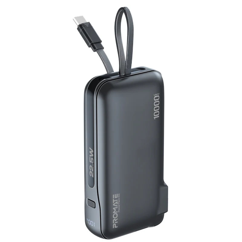 Promate Ultra-Compact Fast Charging Power Bank with AC Charger & Built-In USB-C Cable (PowerPack-10C)
