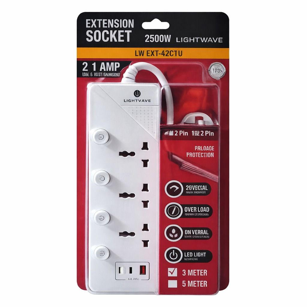 Lightwave LW EXT-42C1U-3P Extension Socket 4 Way with 2 USB-C and 1 USB Fast Charging Port 3 Meter (EXT-42C1U-3P)