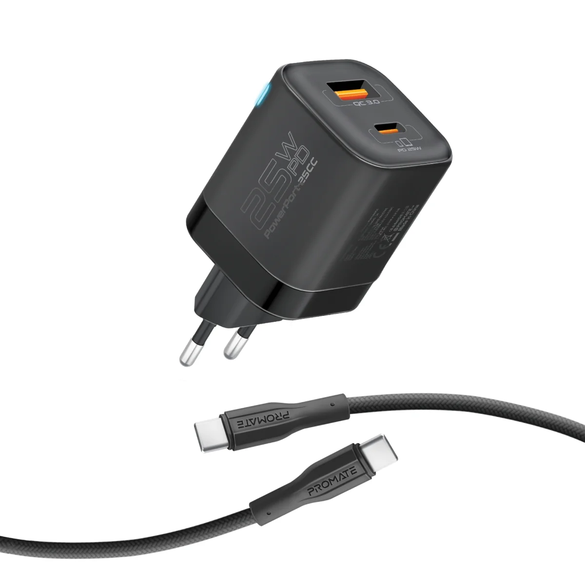Promate 25W Dual Port Adapter Combo with 60W Fast Charging USB-C Cable (PowerPort-25CC.EU)