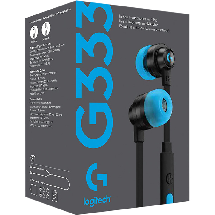 Logitech G333 Wired Gaming Earphones, Dual Drivers, 3.5mm + USB-C Adapter (981-000924)